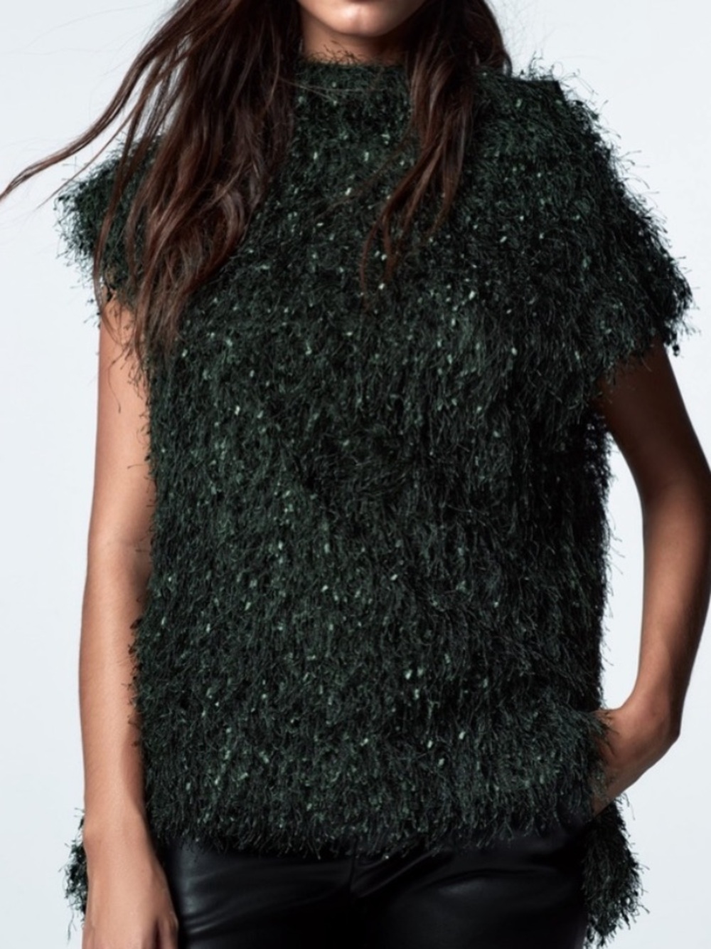 Zara Dark Green Textured Shaggy Fringe Mock Neck Sleeveless Top High Low Hem